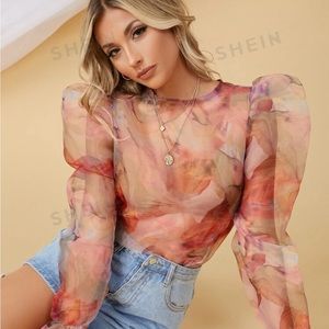 Watercolor Print Semi-Sheer Puff Sleeve Top
